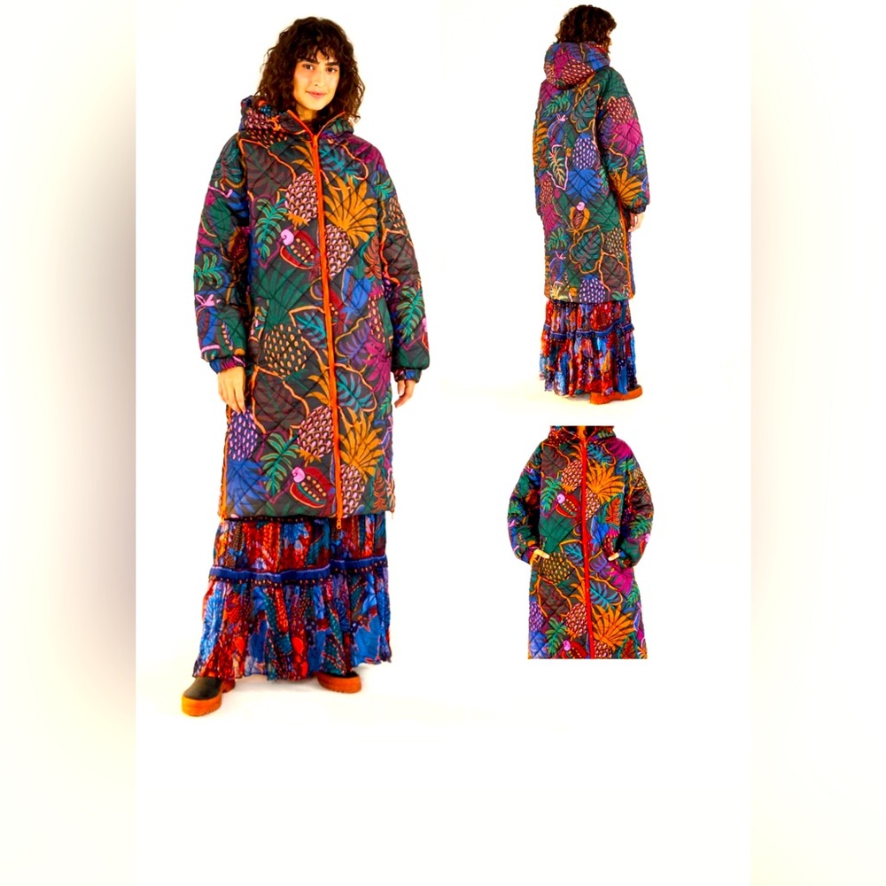 FARM RIO Leopard Long Reversible Hooded Puffer Jacket